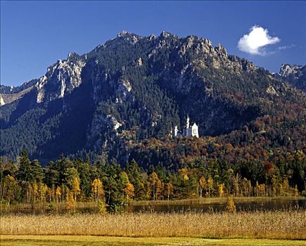 城堡,湖,山,秋天,上巴伐利亚,巴伐利亚,德国,欧洲