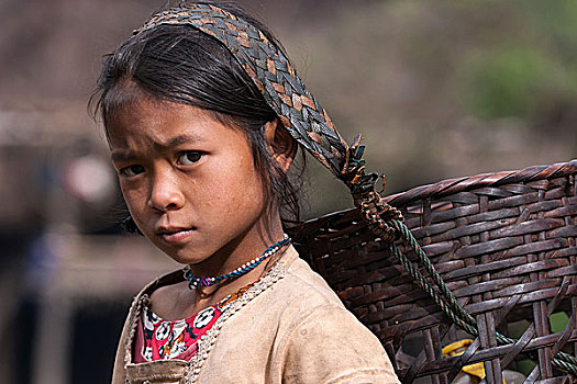 女孩,部落,篮子,头像,山村,靠近,钳,金三角,缅甸,亚洲