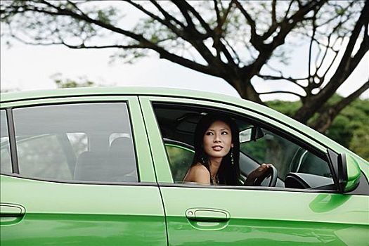 女青年,绿色,汽车
