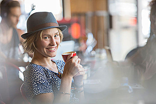 头像,微笑,女人,帽子,喝,浓咖啡,咖啡