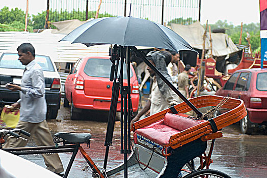 三脚架,伞,人力车,新德里,印度