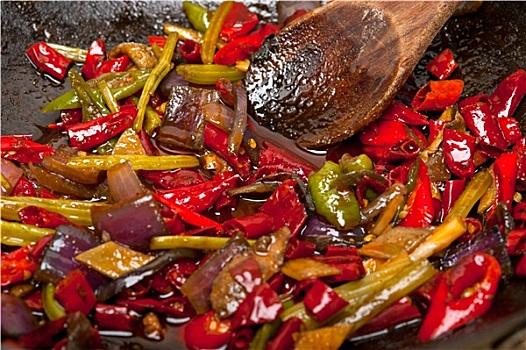 油炸,辣椒,蔬菜,锅