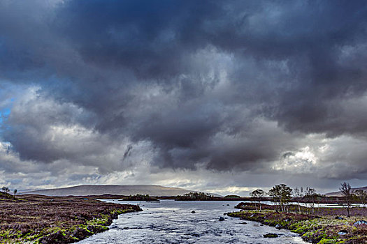 河,荒野,风景,暗色,乌云,兰诺克沼泽,苏格兰,英国