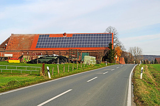 光电,太阳能,屋顶,农场,乡间小路,明斯特地区,区域,北莱茵威斯特伐利亚,德国,欧洲