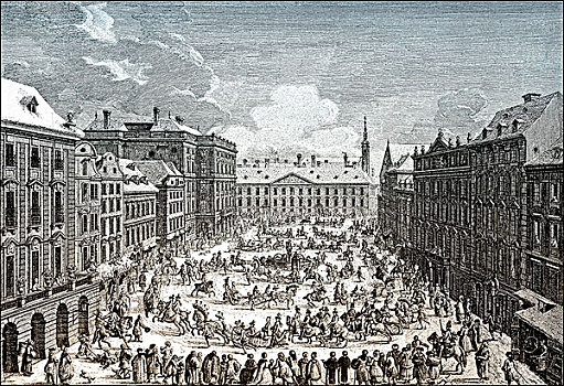 雪撬,乘,市场,历史,城市,18世纪,维也纳,奥地利,欧洲