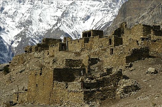 石头,建造,房子,山村,积雪,山峦,安娜普纳地区,尼泊尔