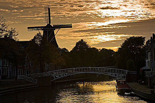 风车,桥,弗里斯兰省,荷兰,欧洲