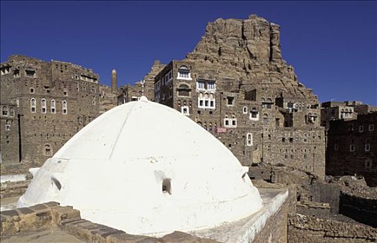 也门,图拉,白色,圆顶,房子,石头,背影