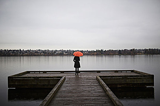 女人,穿,黑色,拿着,橙色,伞,站立,边缘,码头,灰色,多云天气,西雅图