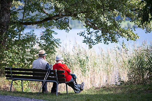 老年,夫妻,坐,长椅,旁侧,湖,卡林西亚,奥地利,欧洲