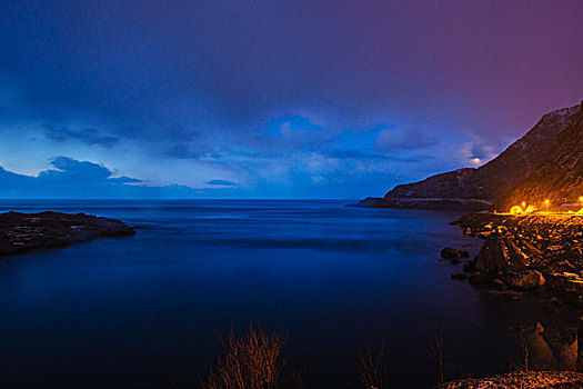 海岸线,夜晚,瑞恩,罗弗敦群岛,挪威