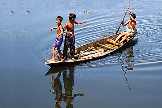 孩子,乐趣,船,湿,陆地,孟加拉,十月,2006年