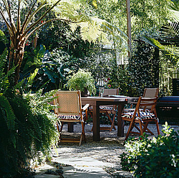 折叠椅,斑马纹,垫子,木桌子,中间,豪华,绿色,花园