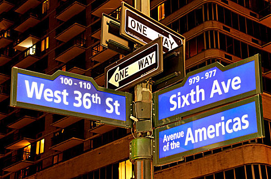 路标,第6大街,美洲大道,西部,街道,百老汇,交叉,曼哈顿,纽约,美国