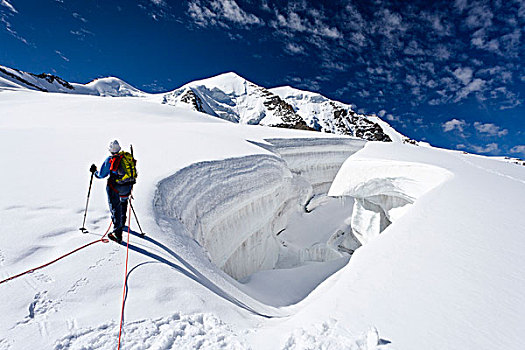 远足者,攀登,山,结冰,风景,背影,瑞士,欧洲