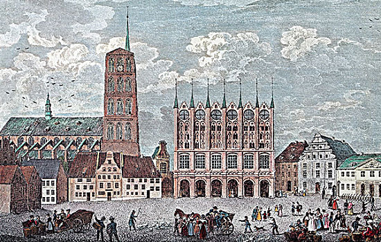 施特拉尔松,1838年,马尔克特广场,历史,城镇风光,钢铁,雕刻,19世纪,世纪,梅克伦堡前波莫瑞州,德国,欧洲