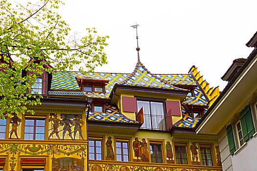 美女,涂绘,建筑,百叶窗,老城,卢塞恩市,瑞士