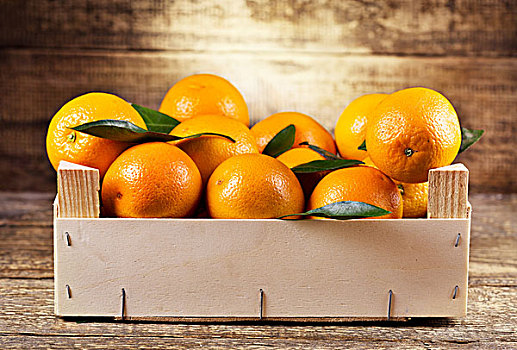 新鲜,橘子,木盒,木质背景