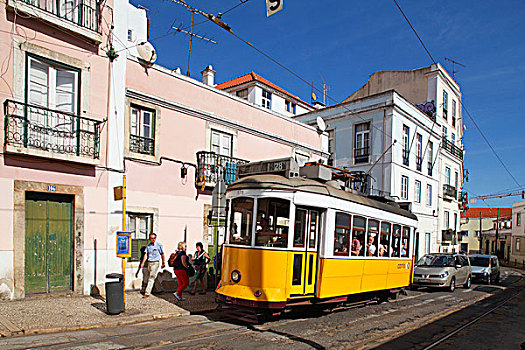老,黄色,有轨电车,阿尔法马区,地区,里斯本,葡萄牙,欧洲