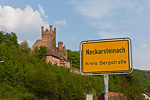 城镇,标识,城堡,内卡河,自然保护区,黑森州,德国,欧洲