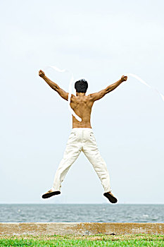 男人,跳跃,空气,彩带,后视图,海洋,地平线,背景