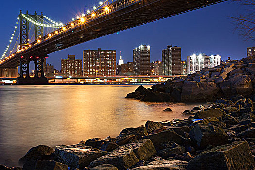 夜景,曼哈顿,布鲁克林,曼哈顿大桥,跨越,东河