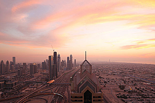 日落,上方,迪拜,展示,城市,摩天大楼,风景
