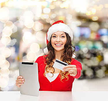 圣诞节,科技,购物,人,概念,微笑,女人,圣诞老人,帽子,平板电脑,电脑,信用卡,上方,背景