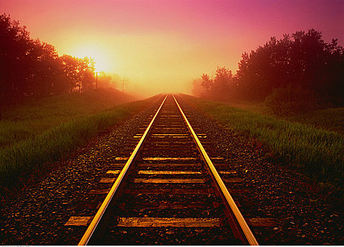 铁轨,日出,靠近,艾伯塔省,加拿大