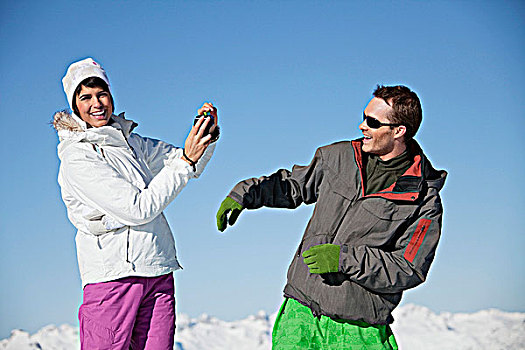 女青年,滑雪,穿戴,拍照,男朋友