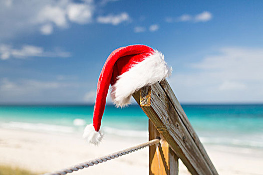 海滩,夏天,假期,圣诞节,海洋,概念,特写,圣诞老人,帽子