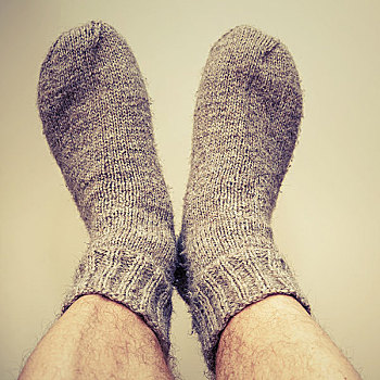 特写,照片,男性,脚,灰色,羊毛袜