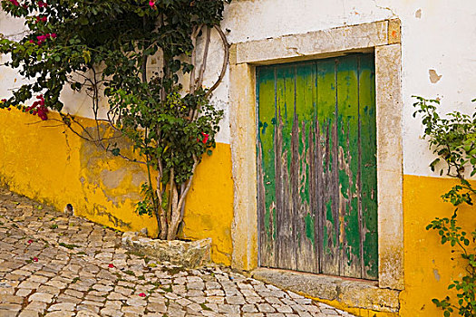 老,街道,镶嵌图案,砖瓦,彩色,建筑,小,入口,门,中世纪城市,奥比都斯,葡萄牙