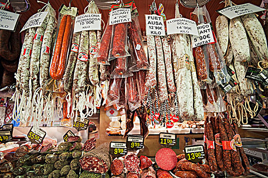 西班牙,巴塞罗那,市场,肉,店面展示