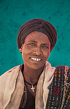 头像,微笑,阿姆哈拉族,女人,穿,缠头巾,埃塞俄比亚,非洲