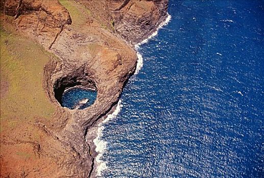 夏威夷,考艾岛,纳帕利海岸,俯视,崎岖,悬崖,火山岩,海洋,完美,圆,山峦