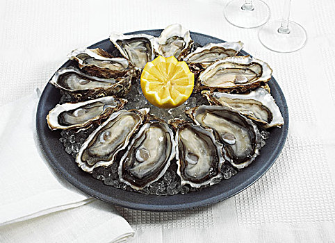 法国,牡蛎,食用牡蛎,黄色,柠檬,盘子