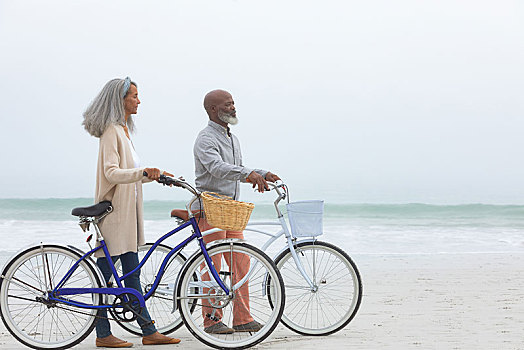 情侣,拿着,自行车,海滩