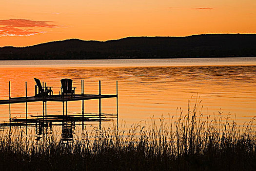 码头,椅子,湖,日落,夏天,魁北克,加拿大
