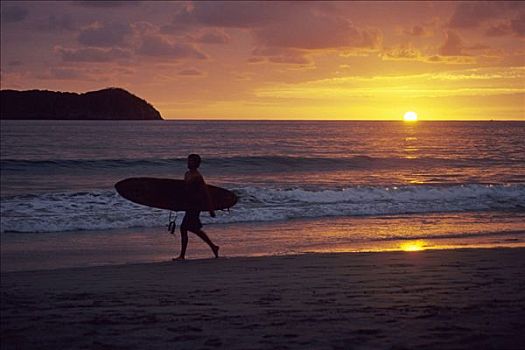 冲浪,日落,干盐湖,海滩,太平洋,海岸,国家公园,哥斯达黎加,中美洲