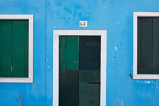 绿色,木质,百叶窗,门,蓝色,墙壁彩绘,布拉诺岛,威尼斯,意大利