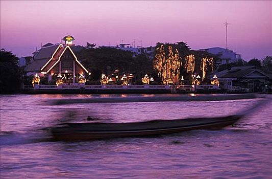 泰国,曼谷,边缘,餐馆,光亮,晚间,模糊,船,湄南河,前景