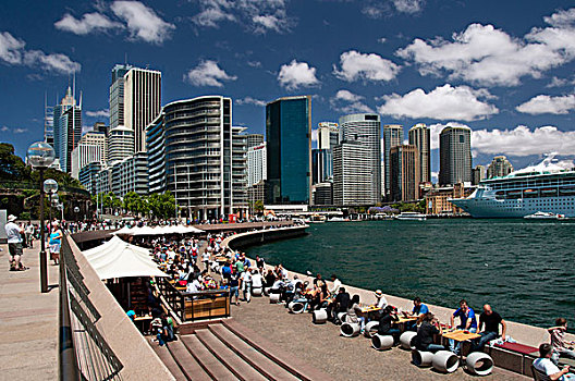 澳大利亚,新南威尔士,悉尼,人,享受,餐馆,酒吧,户外,座椅,环形码头,商务区,背景