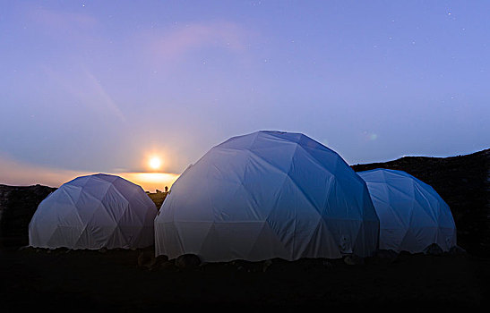 三个,白色,圆顶,帐篷,日落,南,格陵兰
