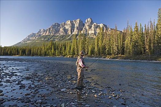 钓鱼,男人,山,河,班芙国家公园,艾伯塔省,加拿大
