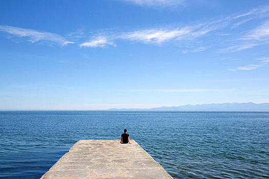 后视图,人,坐,石头,码头,海洋