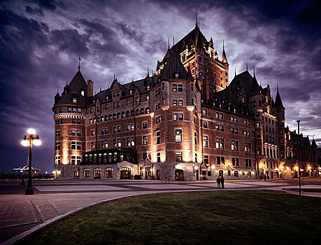 费尔蒙特,夫隆特纳克城堡,黄昏,奢华,大酒店,魁北克老城,城市,魁北克,加拿大,北美