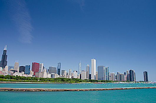 伊利诺斯,芝加哥,市区,城市天际线,风景,塔,希尔斯大厦,远处,左边,密歇根湖