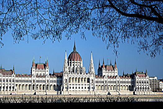 匈牙利,布达佩斯,银行,多瑙河,剪影,树,正面,国会大厦,大,新哥德式,纪念建筑,建造,早,20世纪,座椅,议会