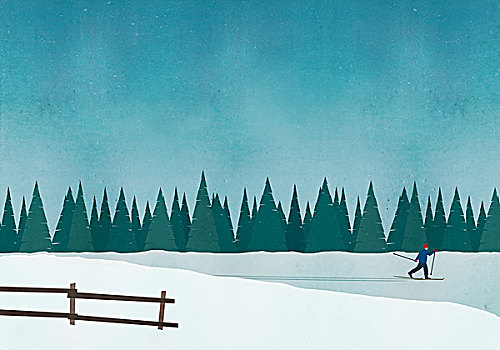 插画,男人,滑雪,蓝天
